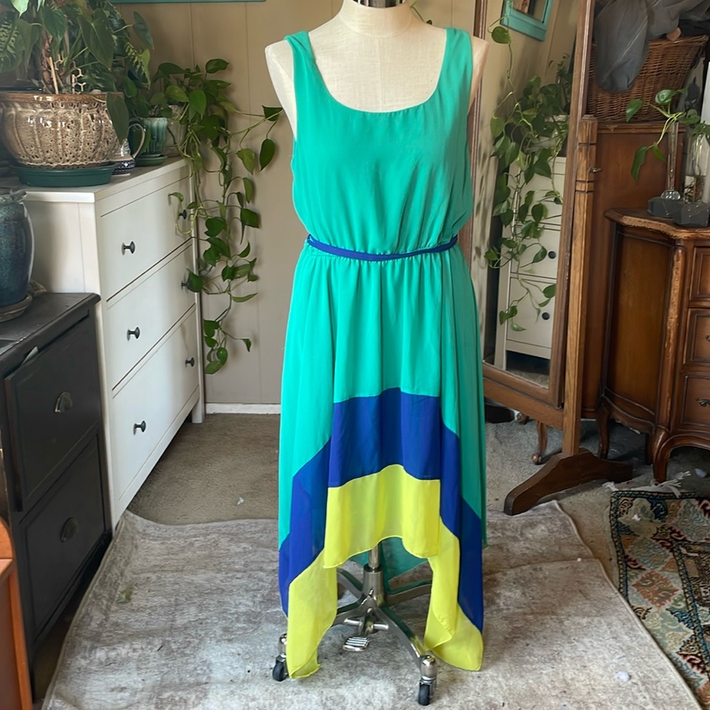 Paper doll color block high low dress, plus size 1X